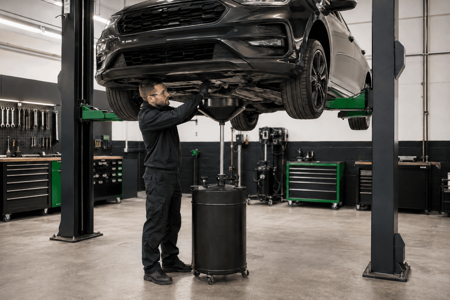 Technician carrying out an automotive fluid and oil service
