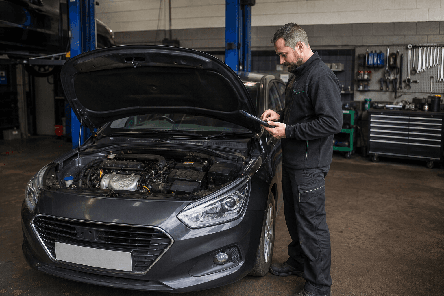 Mechanic diagnosing a car in an organised workshop